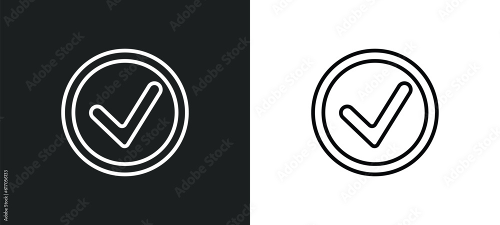 Poster round done button line icon in white and black colors. round done button flat vector icon from round