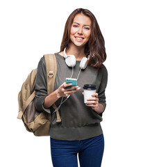 Young beautiful woman with backpack holding smart phone and coffee isolated transparent PNG,...