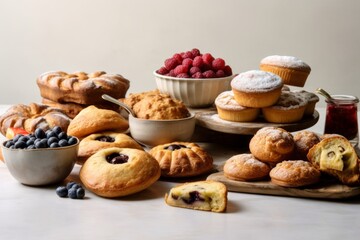 Selection of baked goods infused with blueberries, such as muffins, pancakes,  pies, arranged artfully on a white surface, evoking the irresistible aroma and taste of freshly baked treats. Generative