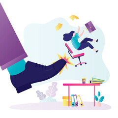 Huge boot kicked dismissal worker. Boss fired female employee from company. Concept of jobless troubles, staff reduction. Businesswoman dismissed from work, empty workplace.