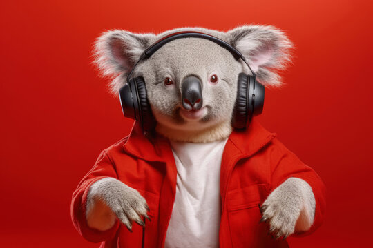koala in headphones on red background, Generative AI