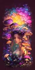 Colorful spring women and mushrooms AI generated illustration