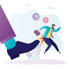 Big boot kicked worker man from job. Male employee layoff, out of work. Dismissal of staff. Staff reduction, fired manager. Economic and financial crisis, recession, unemployment.