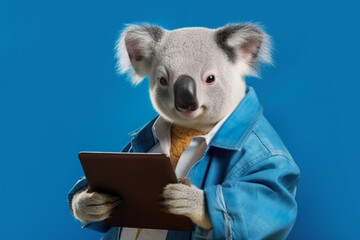 koala with tablet on blue background, Generative AI
