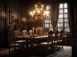 Fototapeta na wymiar A modern dining room for vintage dining rooms and dining sets, in the style of dark and candlelight. Generative AI