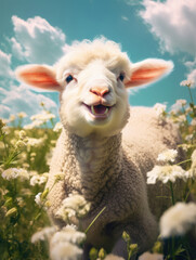 Happy cute sheep on a summer day