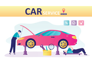 Car repair service. Modern auto and two servicemen with tools. Workers at work, troubleshooting and auto repair. Horizontal banner template. Male characters and vehicle in service.
