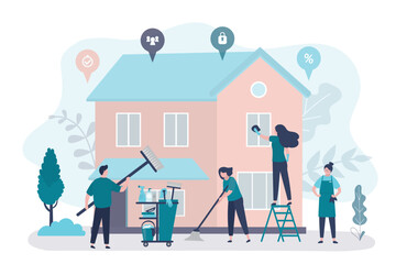 Cleaning service or housekeeping company, concept. workers with various cleaning tools wash and clean house exterior and interior. Workers team doing housework.