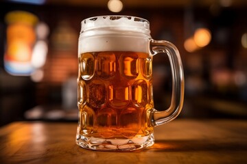 A glass of light beer with a high foam on the table. Refreshing drink. Generative AI.