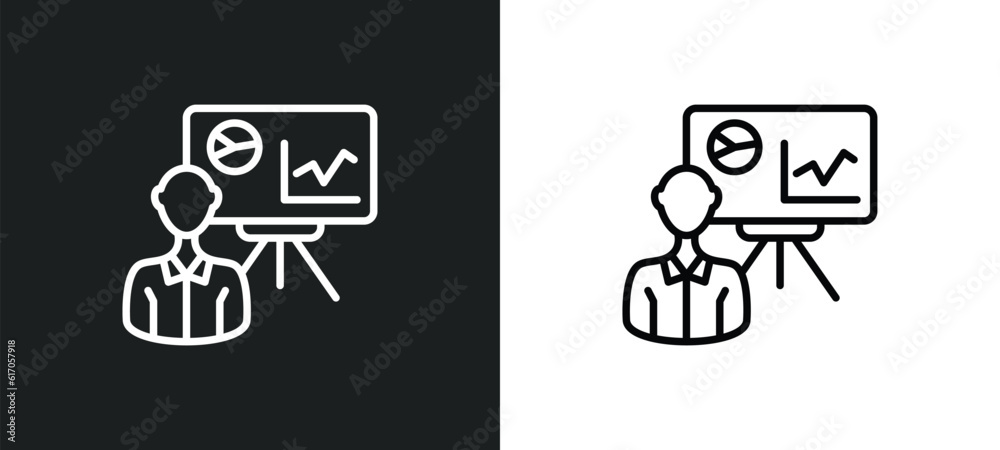 Poster person explaining data line icon in white and black colors. person explaining data flat vector icon 