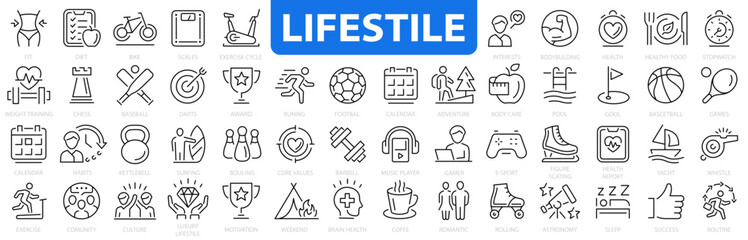 Lifestyle icon set. Hobby and lifestyle. Healthy lifestyle, diet, exercise, sleep, relationships, running, routine, self-care, culture, hobby and more. Vector illustration - obrazy, fototapety, plakaty