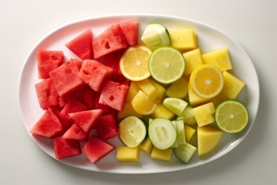Sliced watermelon, juicy pineapple chunks, and citrus slices, arranged elegantly on a white platter, ideal for advertisements related to summer beverages, smoothies, tropical flavors. Generative AI