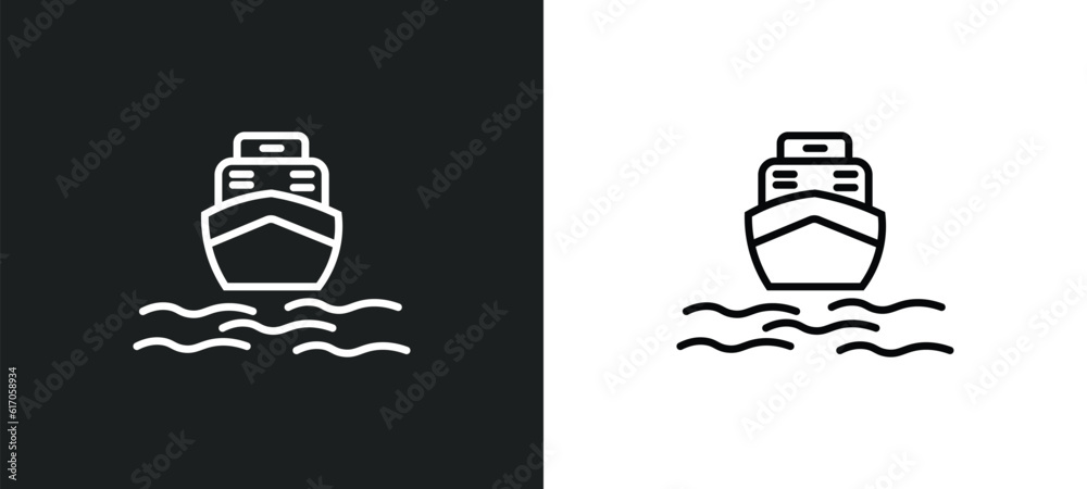 Poster boat front view line icon in white and black colors. boat front view flat vector icon from boat fron