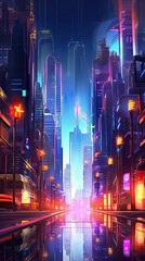 A futuristic cityscape with sleek skyscrapers and neon lights illuminating the night. Colorful illustration art. Generative AI