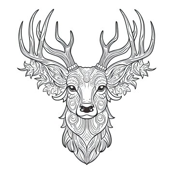 Deer animal line art illustration. Black and white coloring page style art. Generative AI