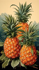 Pineapples fruits vintage art illustration. Natural eco food design. Generative AI