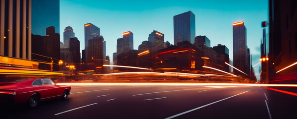 Evening panorama of a big city with skyscrapers from the height of a helicopter or drone with blurred car headlights on a long exposure. Copy space for advertising text. Generative AI.