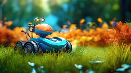 Robotic lawn mower device. Futuristic colorful illustration. Generative AI - obrazy, fototapety, plakaty