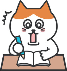 Orange tabby cartoon cat made a mistake writing something, vector illustration.