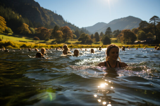 Many women swimming in a wild river