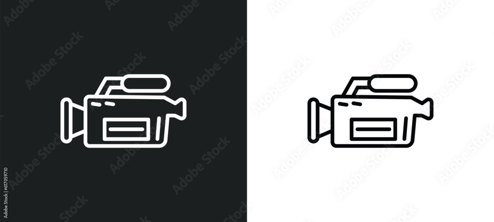 Poster video camera side view line icon in white and black colors. video camera side view flat vector icon 