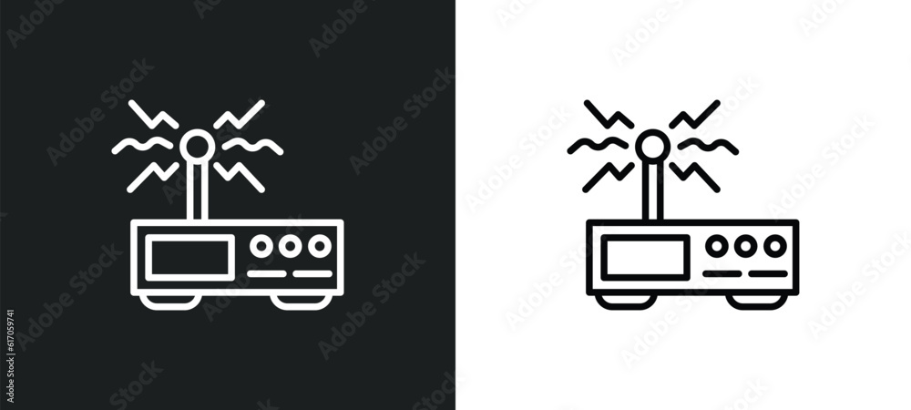Poster wireless transmitter line icon in white and black colors. wireless transmitter flat vector icon from