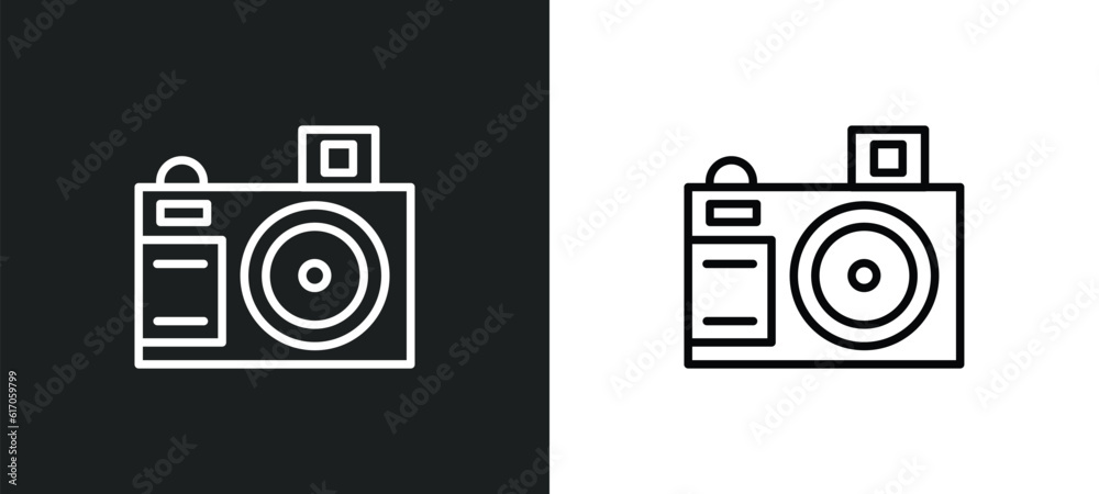 Poster camera front view line icon in white and black colors. camera front view flat vector icon from camer