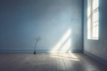 A single bright light shining on a grey wall. AI generative