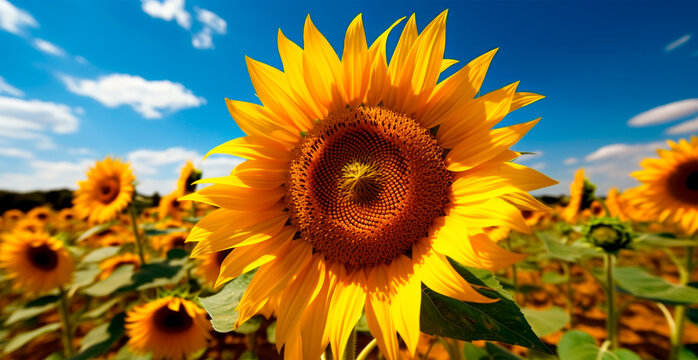 Field of sunflowers in bloom, hot sunny summer, panoramic bright background - AI generated image