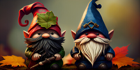 Fairytale kind gnomes and tree leaves, close-up. Generative AI