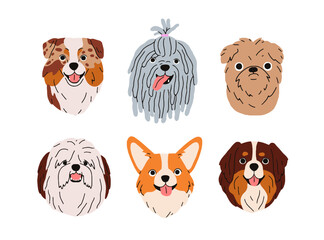 Cute dogs avatars set. Doggies heads, canine face portraits. Funny adorable puppies, animals of different breeds. Corgi, Puli, bobtail muzzles. Flat vector illustrations isolated on white background