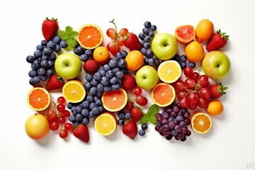 Colorful fruits, including oranges, apples, grapes, and berries, arranged neatly on a clean white background, perfect for promoting healthy eating and a balanced lifestyle. Generative Ai