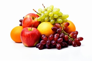 Naklejka na ściany i meble Colorful fruits, including oranges, apples, grapes, and berries, arranged neatly on a clean white background, perfect for promoting healthy eating and a balanced lifestyle. Generative Ai