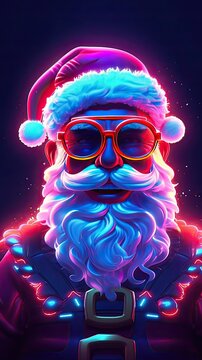 Positive Santa Claus character in neon style illustration. Christmas and New year holiday neon design. Generative AI
