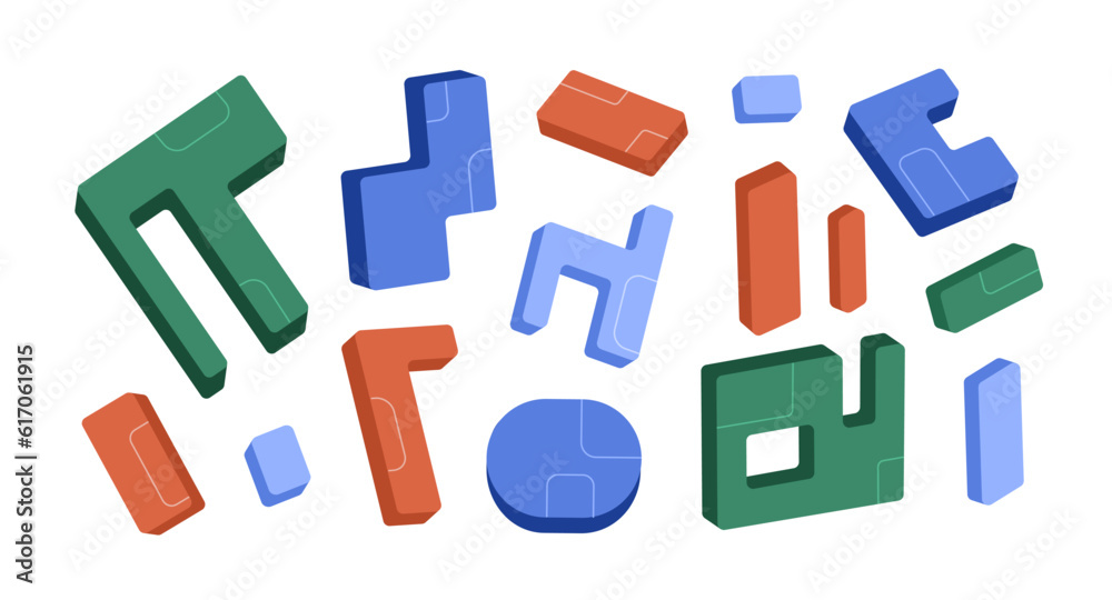 Fototapete Geometric shapes set. Abstract design elements, 3d geometry objects. Puzzle pieces, forms, figures. Creative parts for assembling, joining. Flat vector illustration isolated on white background