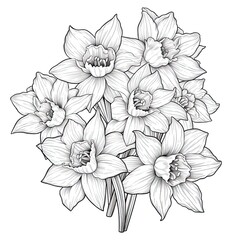 Cute Daffodil flower in coloring page style illustration. Line art painting. Generative AI