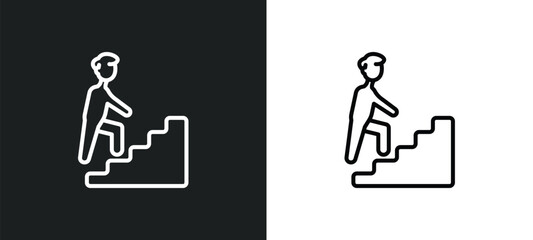 man climbing stairs line icon in white and black colors. man climbing stairs flat vector icon from man climbing stairs collection for web, mobile apps and ui.