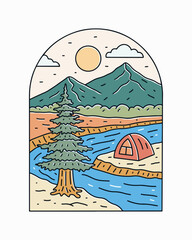 Camping near river and view of the nature mountain design for badge, sticker, t shirt vector illustration