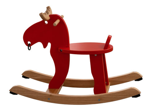 Red wooden rocking horse toy. Isolated on white or transparent png. Classic wood pony