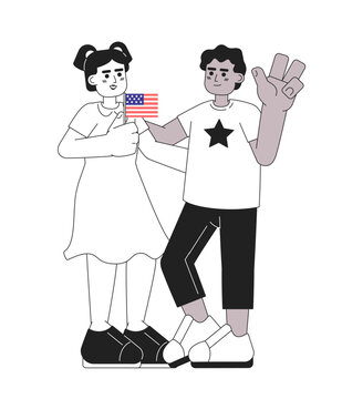 July 4 kids monochrome vector spot illustration. Latina girl and african american boy celebrating america independence day 2D flat bw cartoon characters for web UI design. Isolated editable hero image