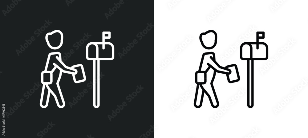 Poster postman working line icon in white and black colors. postman working flat vector icon from postman w