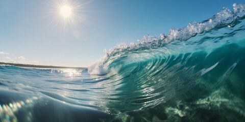 Blue ocean wave on sunny day. Ocean water background with blue sky and sun created with AI 
