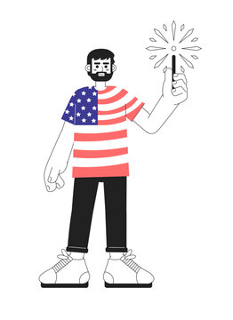 Patriotic 4th of july monochrome vector spot illustration. Proud man wearing american flag tshirt with sparkler 2D flat bw cartoon character for web UI design. Isolated editable hand drawn hero image
