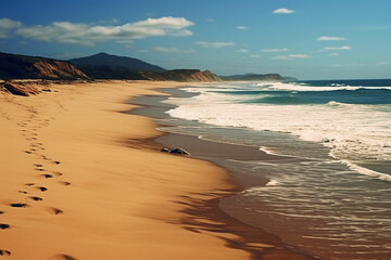Blue sky and sandy beach. AI generative