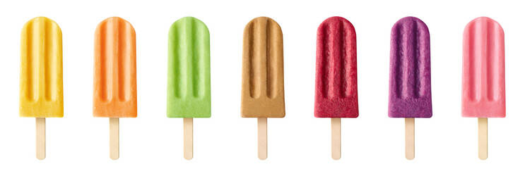 Set of various colorful fruit and berry popsicles on white background