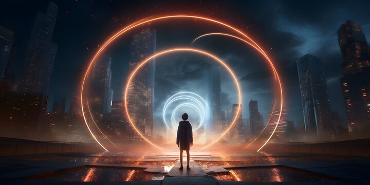 A full length woman standing in front of perfect light circle in the city at night
