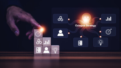 Octopus Strategy for Business marketing management concept. Document management, ERP software.