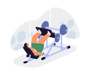 Man exercising with leg press machine, lifting platform with weight. Person training muscles in gym, doing body strength workout with equipment. Flat vector illustration isolated on white background