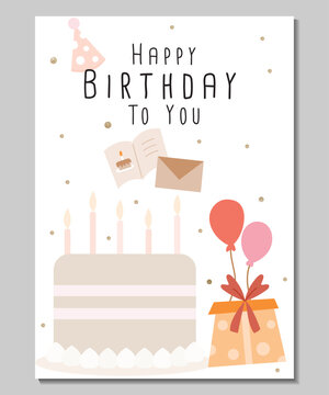 simple birthday celebration card with birthday cake, gifts, and balloons.