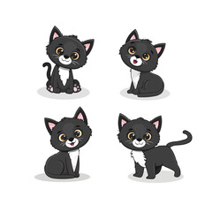 Set of funny cute cats in different poses in cartoon style. Black kitten. Vector illustration